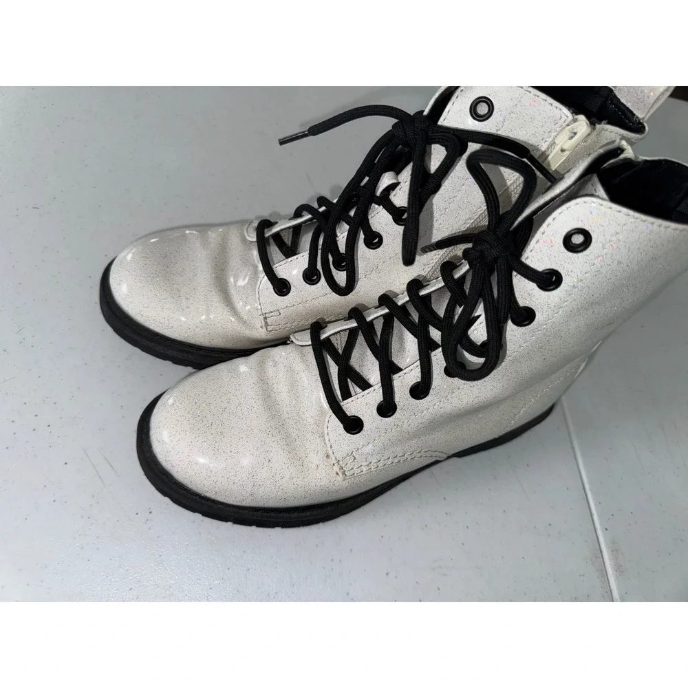 Wonder Nation Kids White Glitter Combat Boots Side Zip Lug Sole Size 4